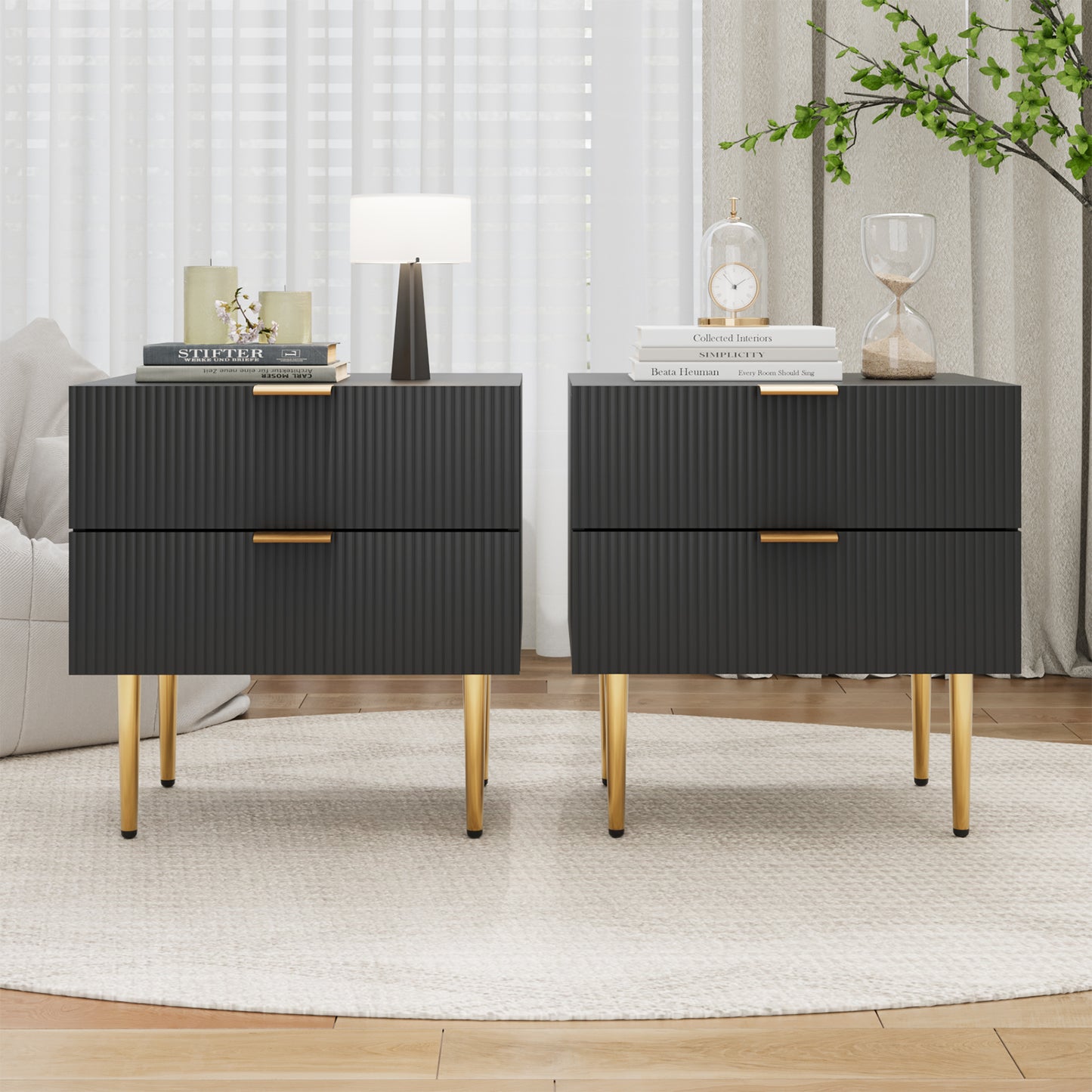 Algherohein Modern Nightstand for Bedroom,Bedside Table with 2 Fluted Drawer
