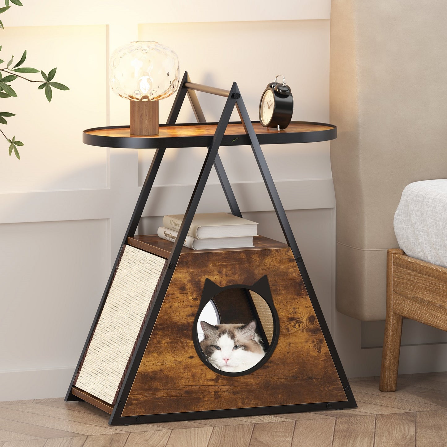 Algherohein Wood Side Table Cat House Box with Cat Scratcher,Home Storage Pet Condo Furniture,Brown