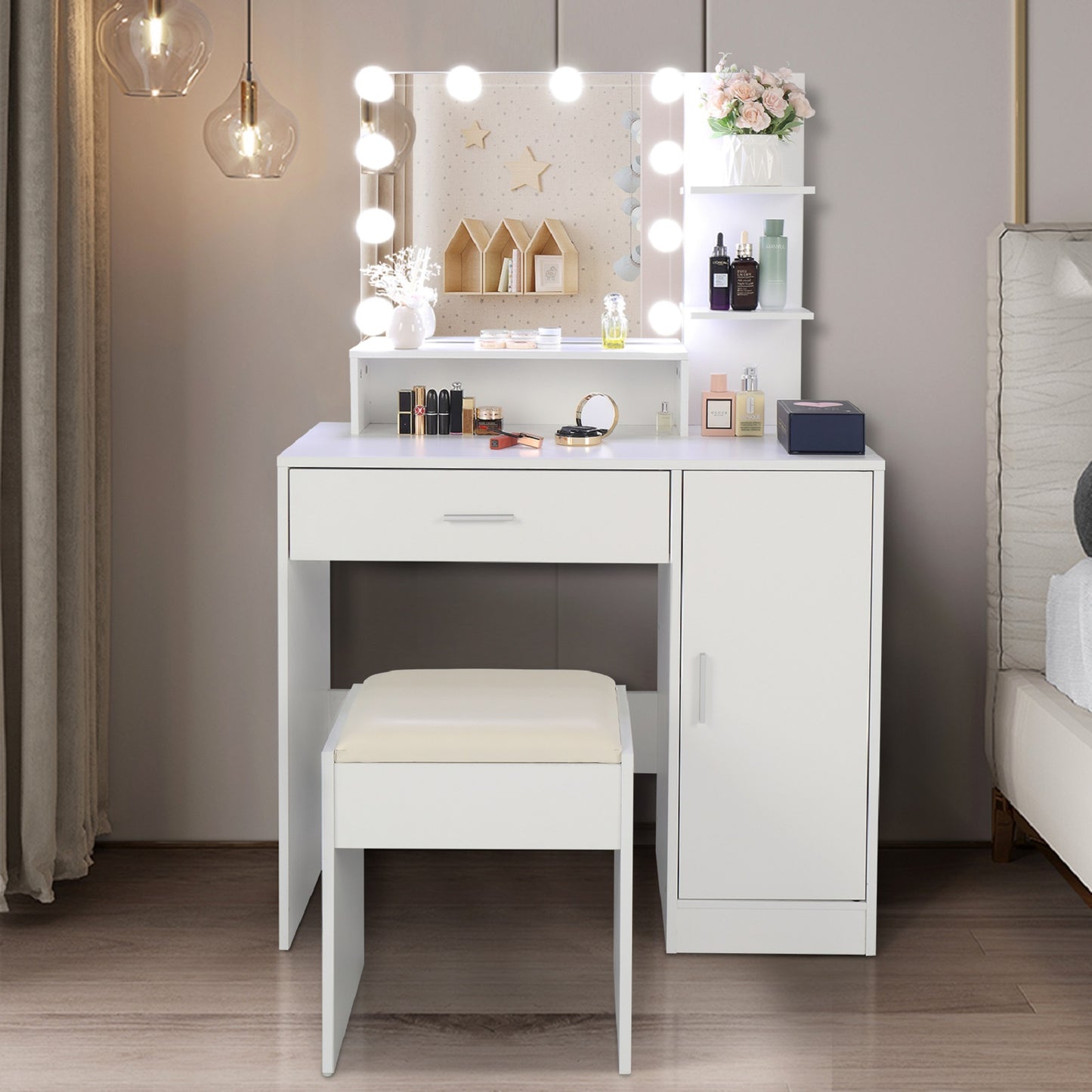 Smuxee Modern Drawer Vanity Set with Mirror and LED Lights,Makeup Dresser Table with 3 Shelves