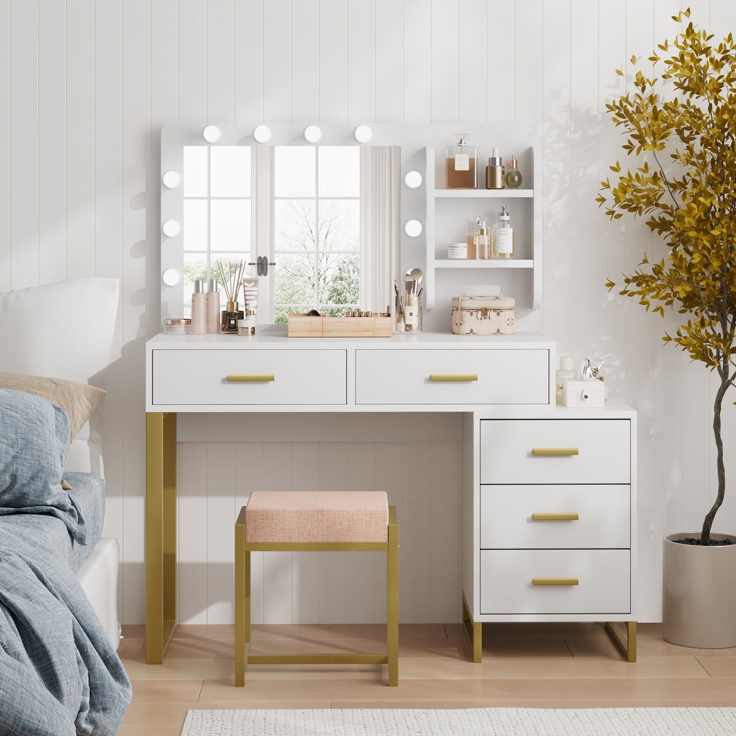 Smuxee Modern Dressing Table Set with 10 LED Lights and Mirror ,Black