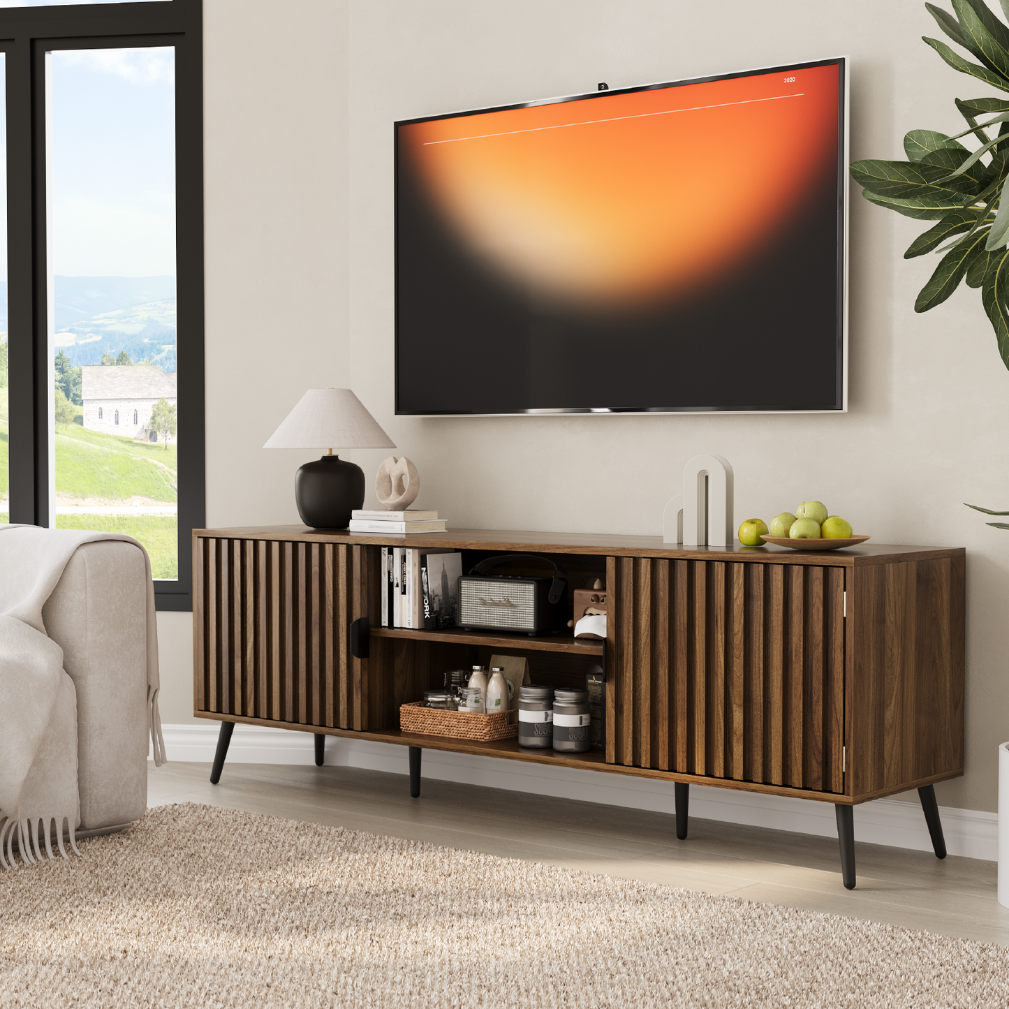 Smuxee Entertainment Center for TVs,Fluted TV Stands for 65 Inch TV,Walnut