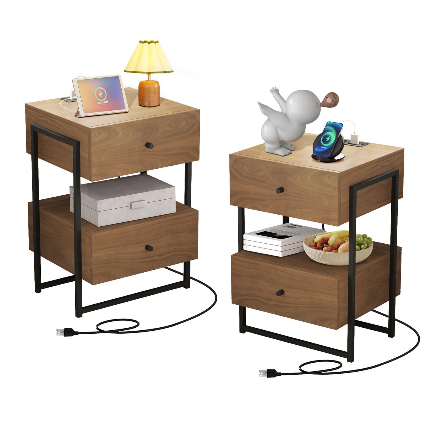 Semiocthome Nightstand Set of 2 with Charging Station and 2 Drawer,Bedside Table for Bedroom