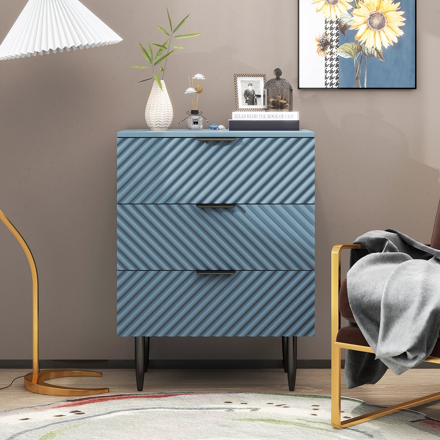 Smart FENDEE Modern 3 Drawer Dresser with Metal Legs for Bedroom