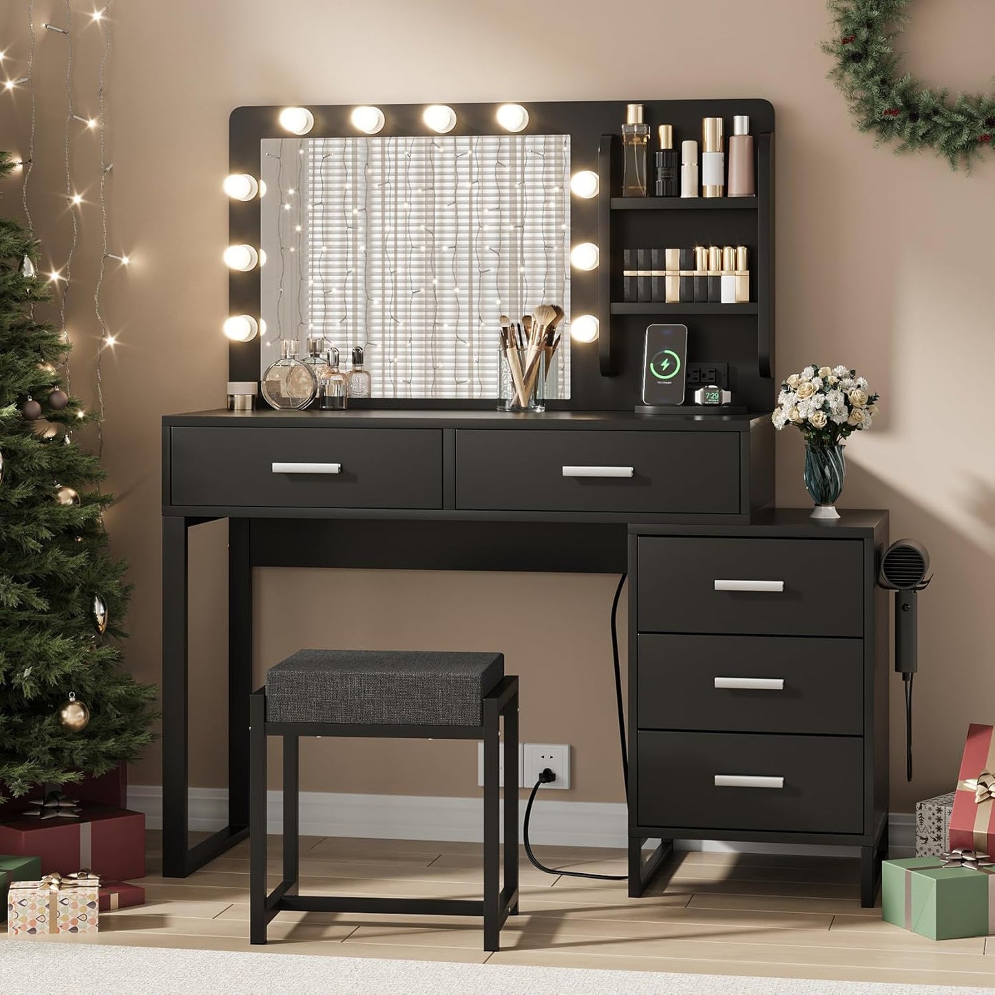 Semiocthome Modern White Vanity Tables Set for Bedroom with LED Lights