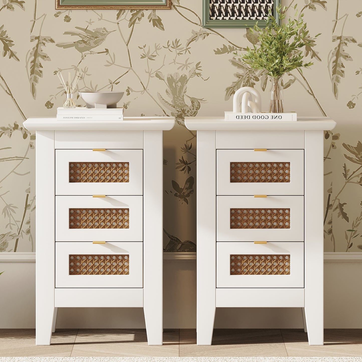 Semiocthome Modern Nightstand Set of 2 with 3 Rattan Drawers Bedside Table for Bedroom