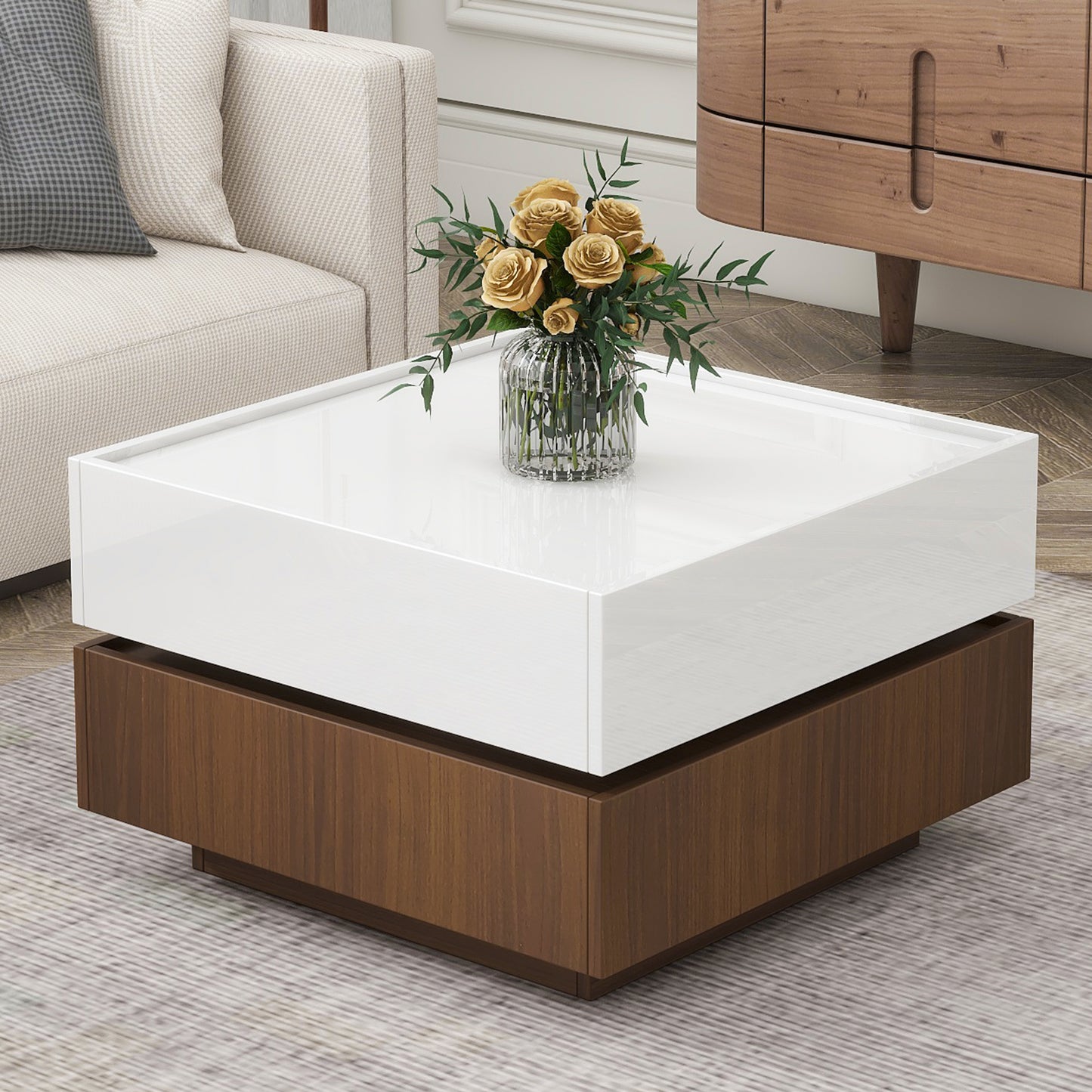Smart FENDEE 360°Rotating Coffee Table with 2 Drawers 2-Tier Center Table,Living Room