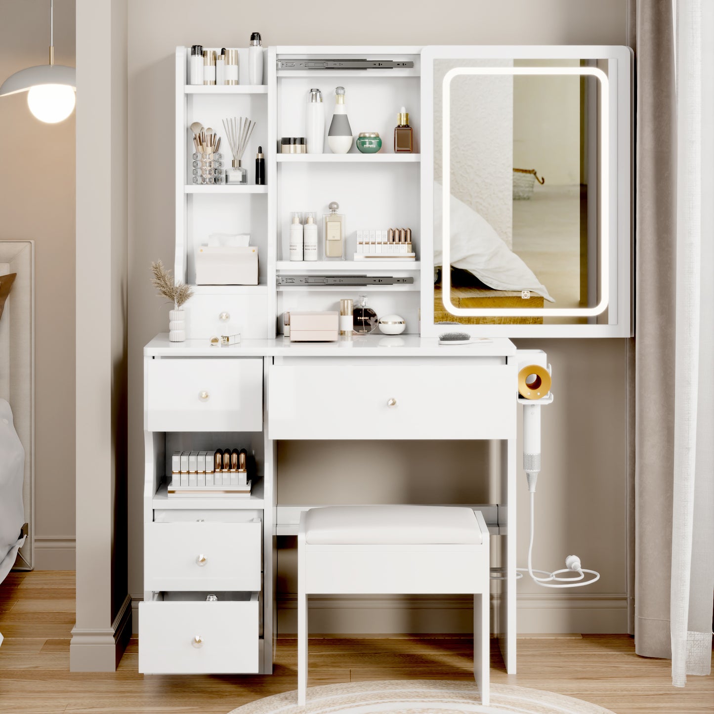 Semiocthome Modern Vanity Set with Mirror, Power Station, Hair Dryer Bracket