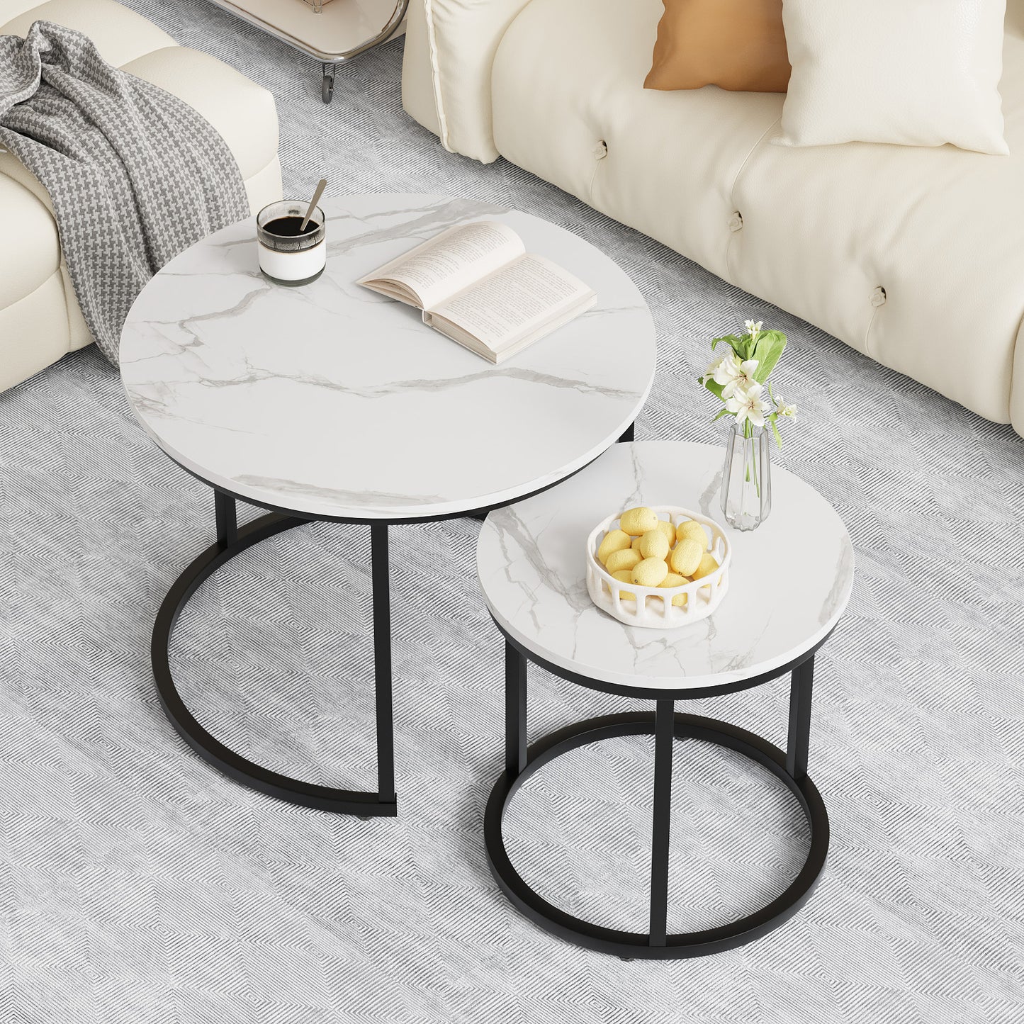 Algherohein Round Nesting Coffee Table Modern Set of 2 for Living Room