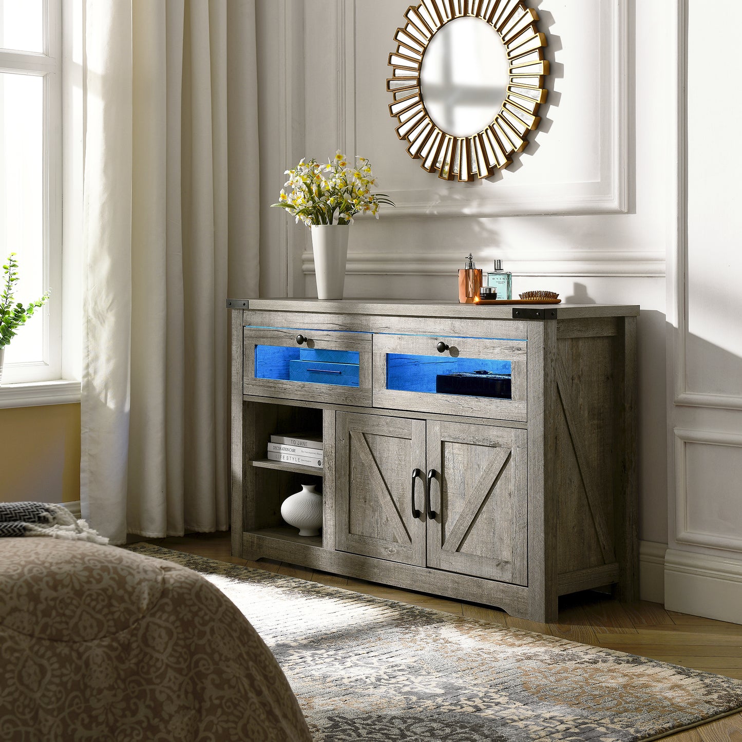 Smart FENDEE Farmhouse Buffet Sideboard with Adjustable Shelf and LED Lights for Kitchen Gray