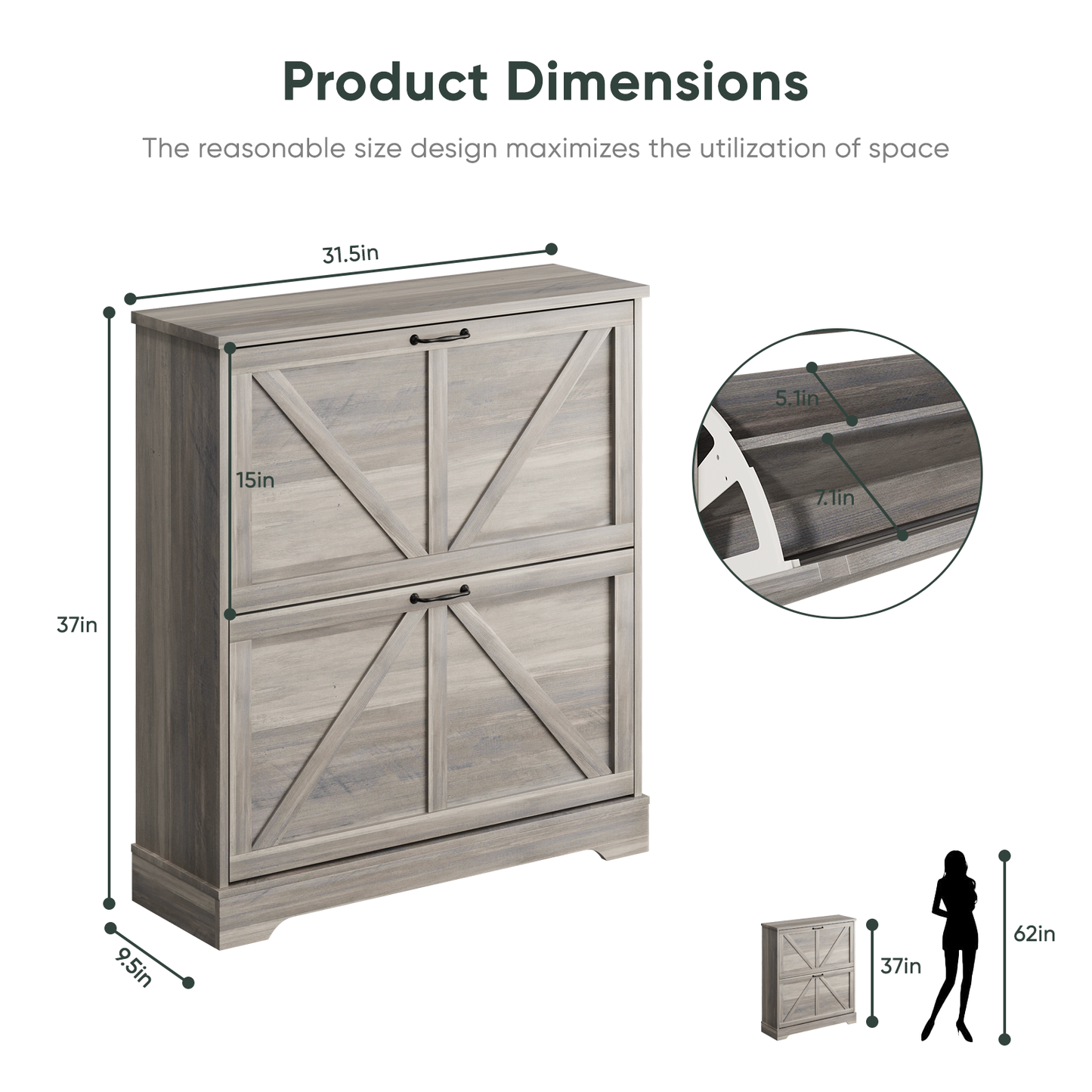 Algherohein Farmhouse Shoe Cabinet Entryway,Shoe Storage Cabinet with 2 Flip Drawers