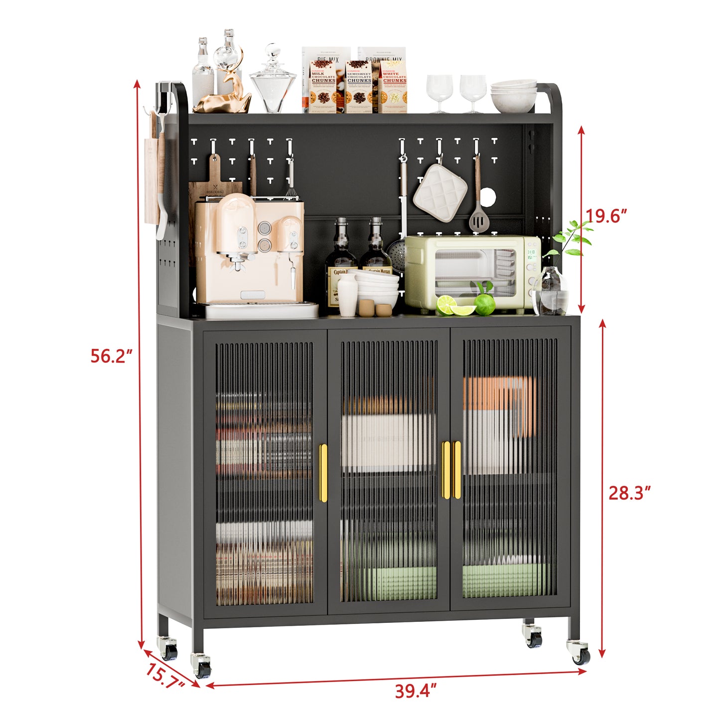 Algherohein Kitchen Pantry Storage Cabinet with Wheels, Transparent Doors and DIY Nail Board