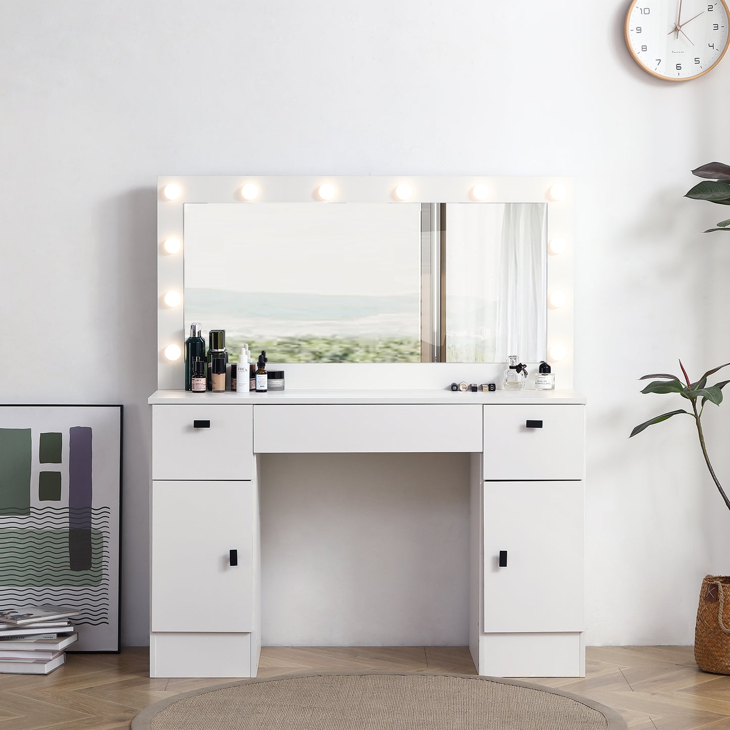 Semiocthome Modern Makeup Vanity Table with 3 Color LED Mirror,3 Drawers,2 Storage Cabinet,White