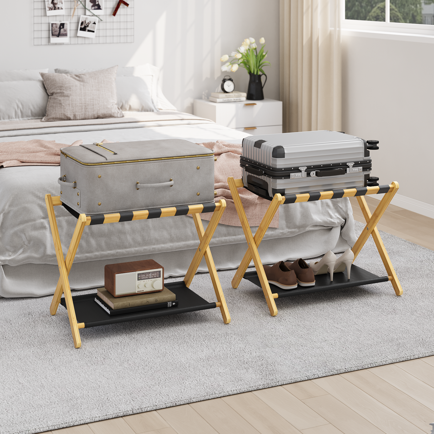 Algherohein Bamboo Folding Luggage Rack Suitcase Stand with Shelf