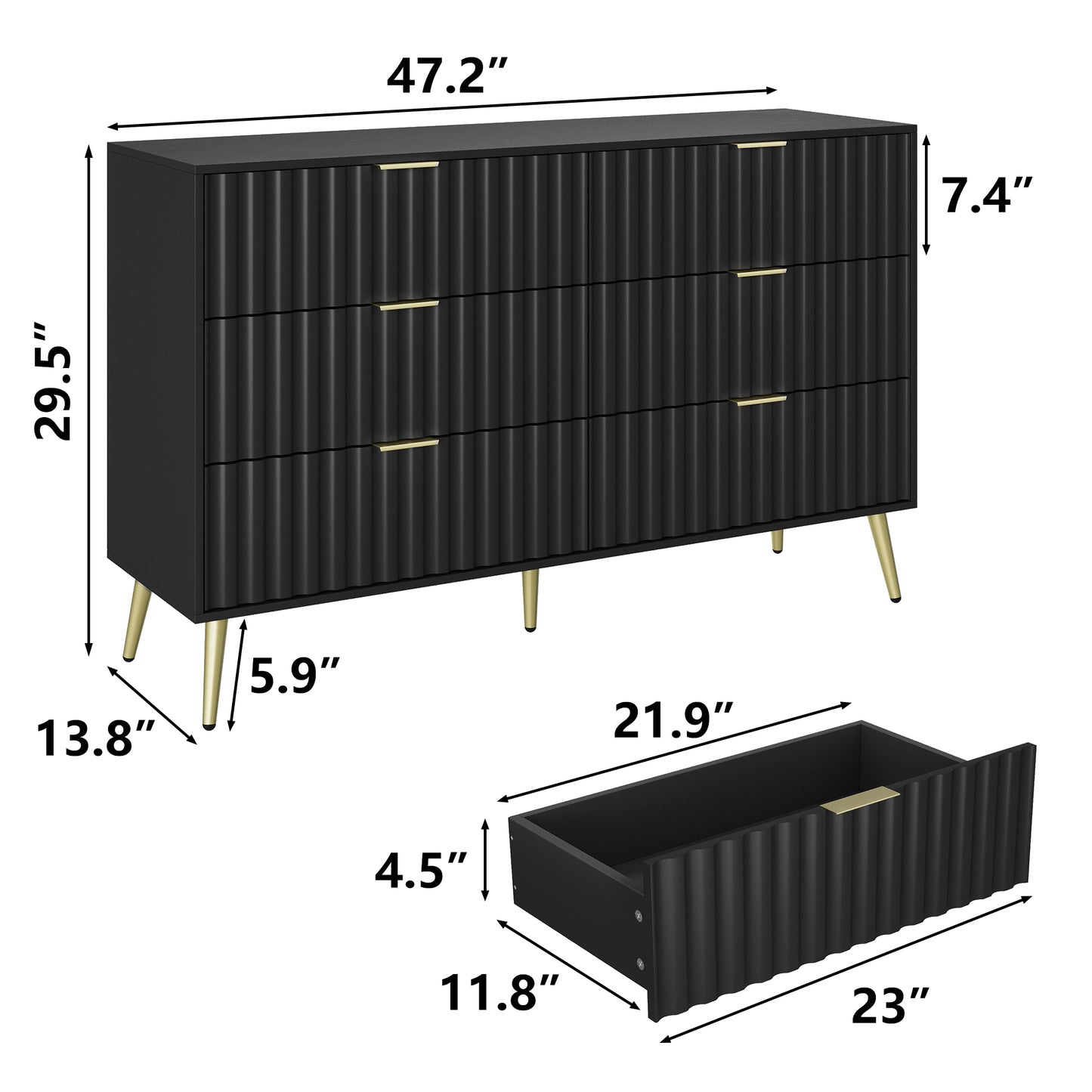 Semiocthome Modern 6 Drawers Dresser, Fluted Chest of Drawers, Drawer Organizer for Bedroom