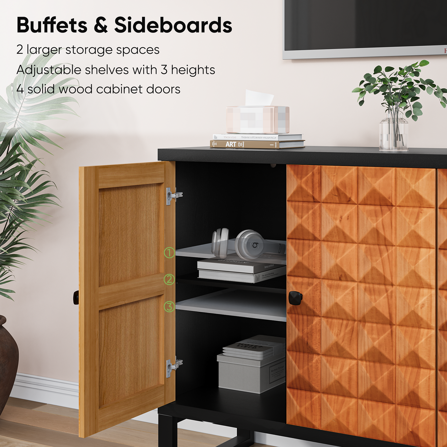 Algherohein Retro Kitchen Sideboards and Buffets, Buffet Cabinet with Storage Adjustable Shelves and 4 Doors