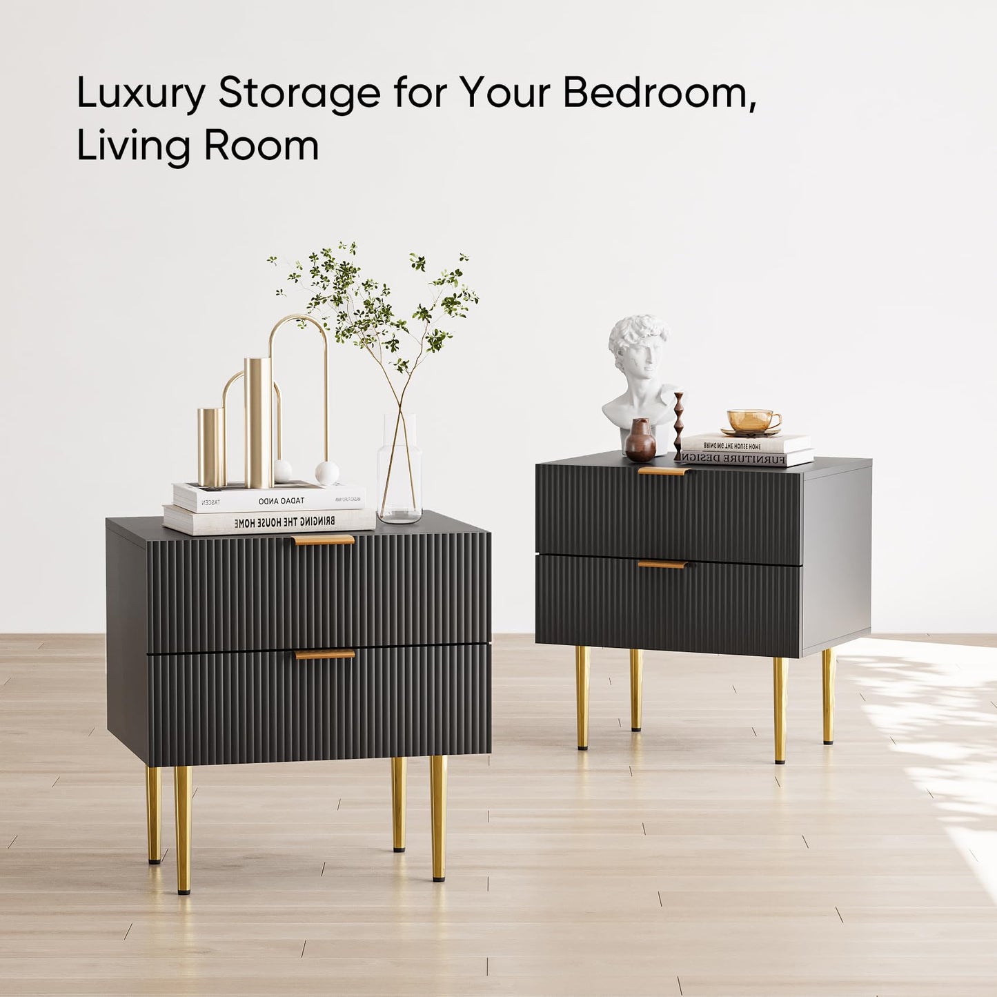 Semiocthome Fluted Nightstands with 2 Drawers Mid Century Modern Bedside Table for Bedroom