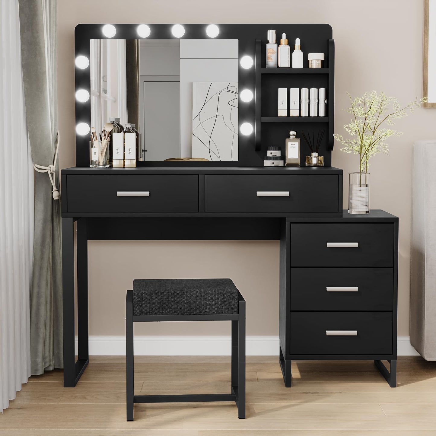 Smart FENDEE Modern Black Vanity with 10 Lights Mirror and Cushioned Stool Set
