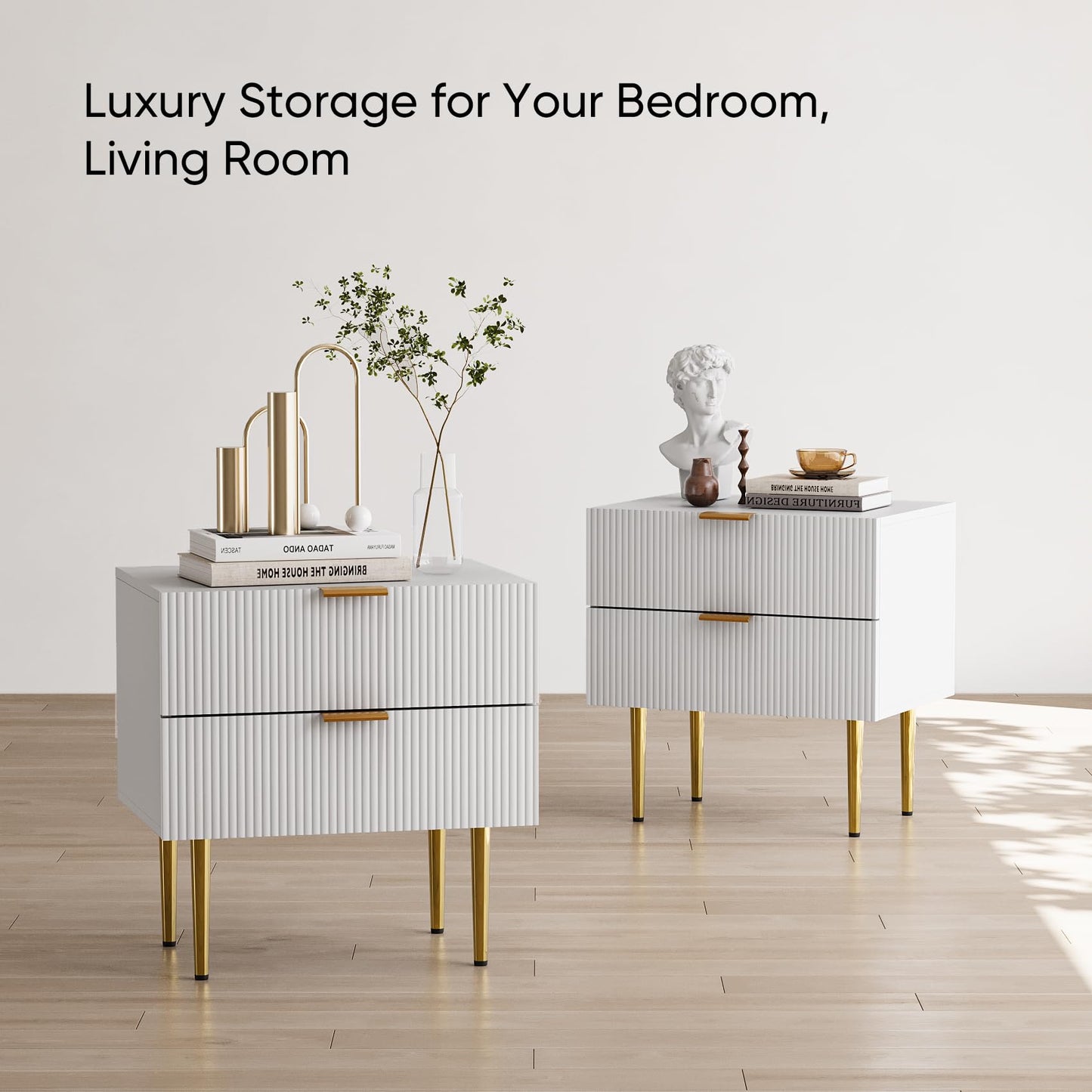 Smart FENDEE Modern Nightstands with 2 Wave Fluted Drawer Wood Bedside Table for Bedroom