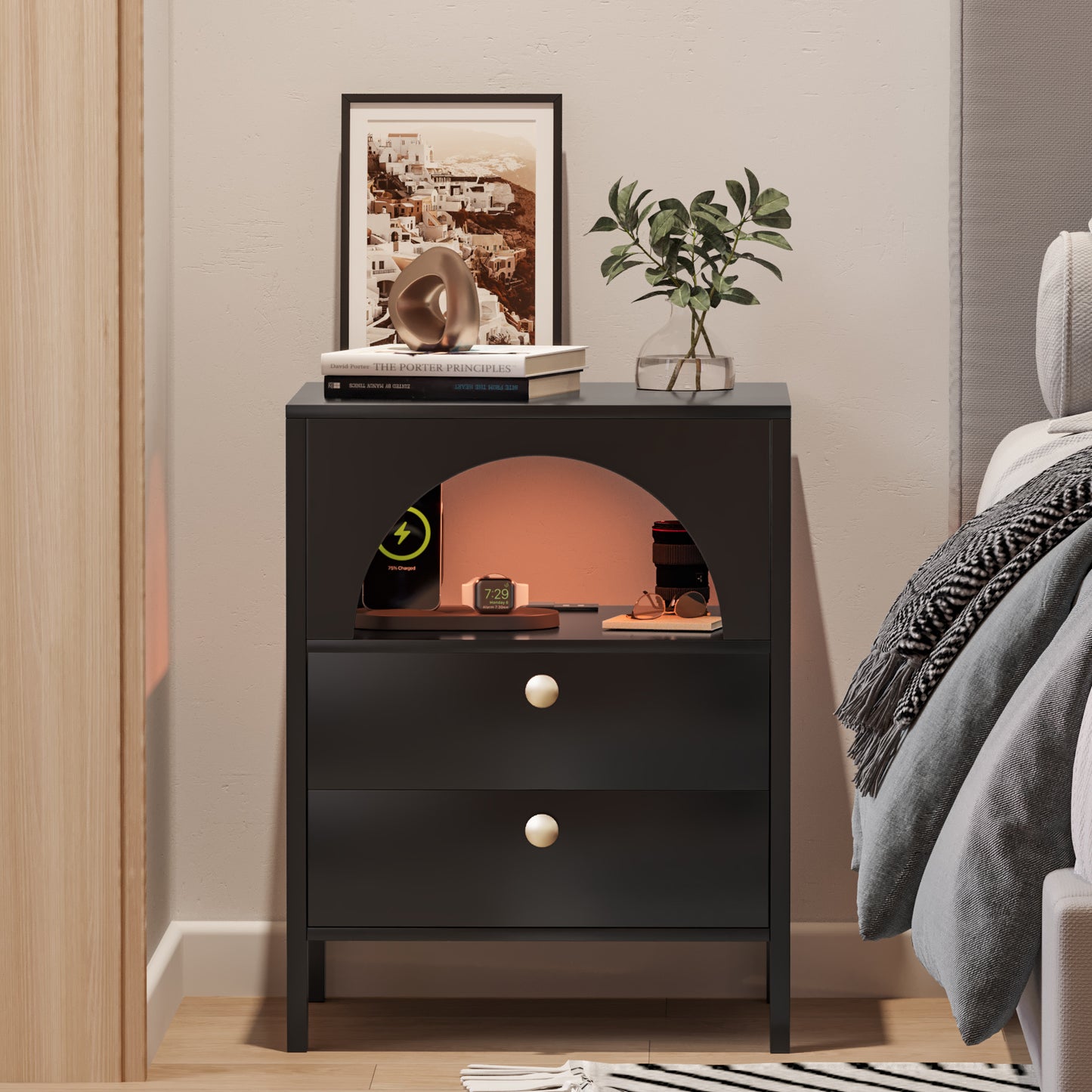 Modern End Tables with USB Ports and Outlets LED Lights Nightstand with Charging Station
