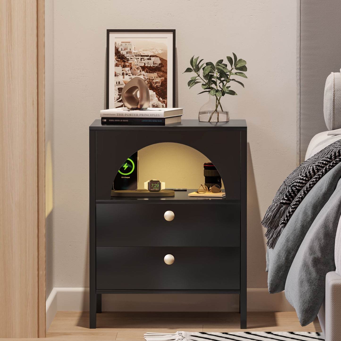 Modern End Tables with USB Ports and Outlets LED Lights Nightstand with Charging Station