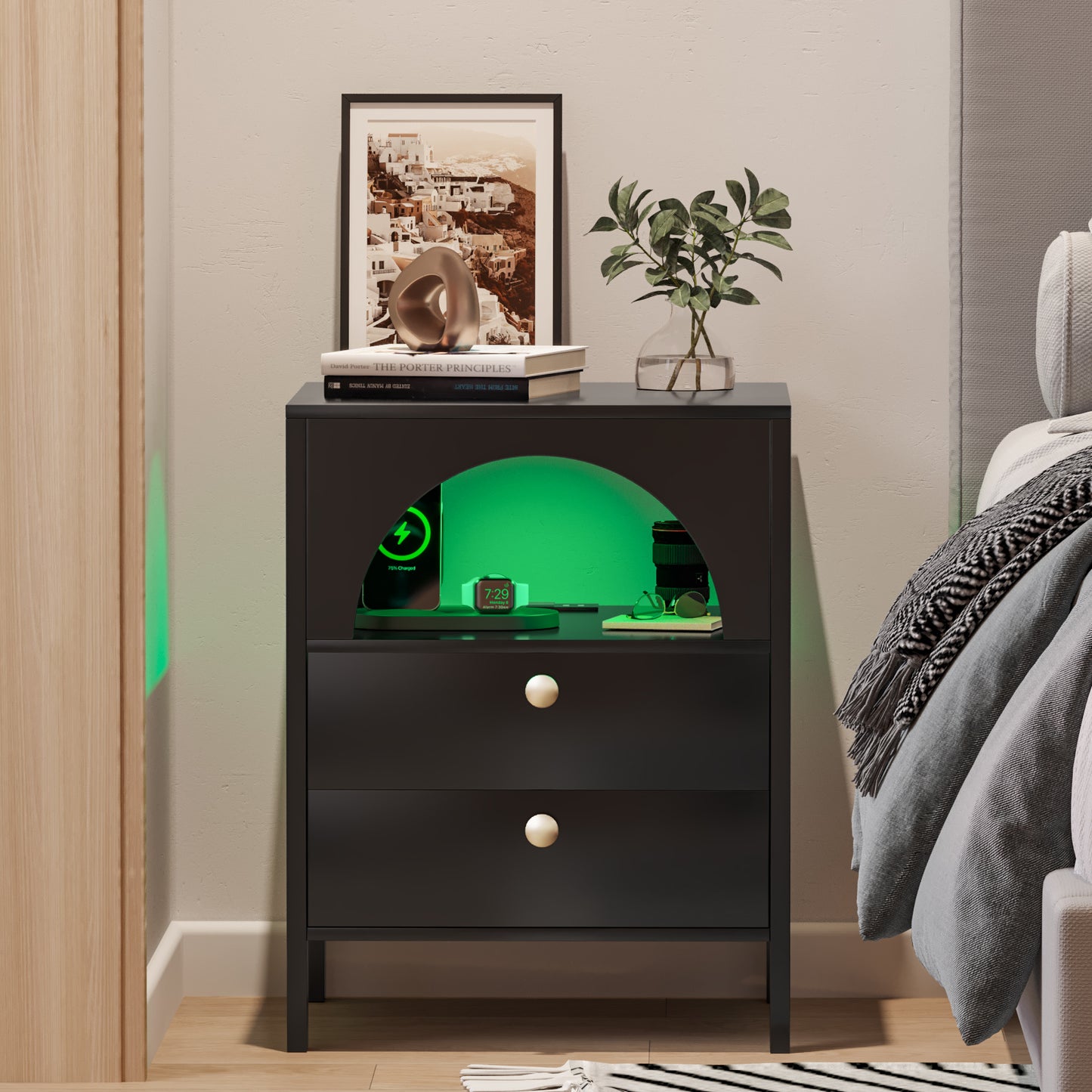 Modern End Tables with USB Ports and Outlets LED Lights Nightstand with Charging Station