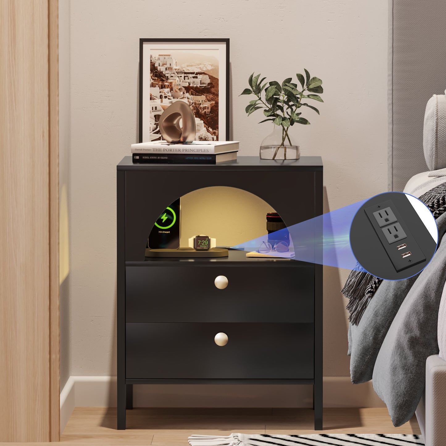 Modern End Tables with USB Ports and Outlets LED Lights Nightstand with Charging Station