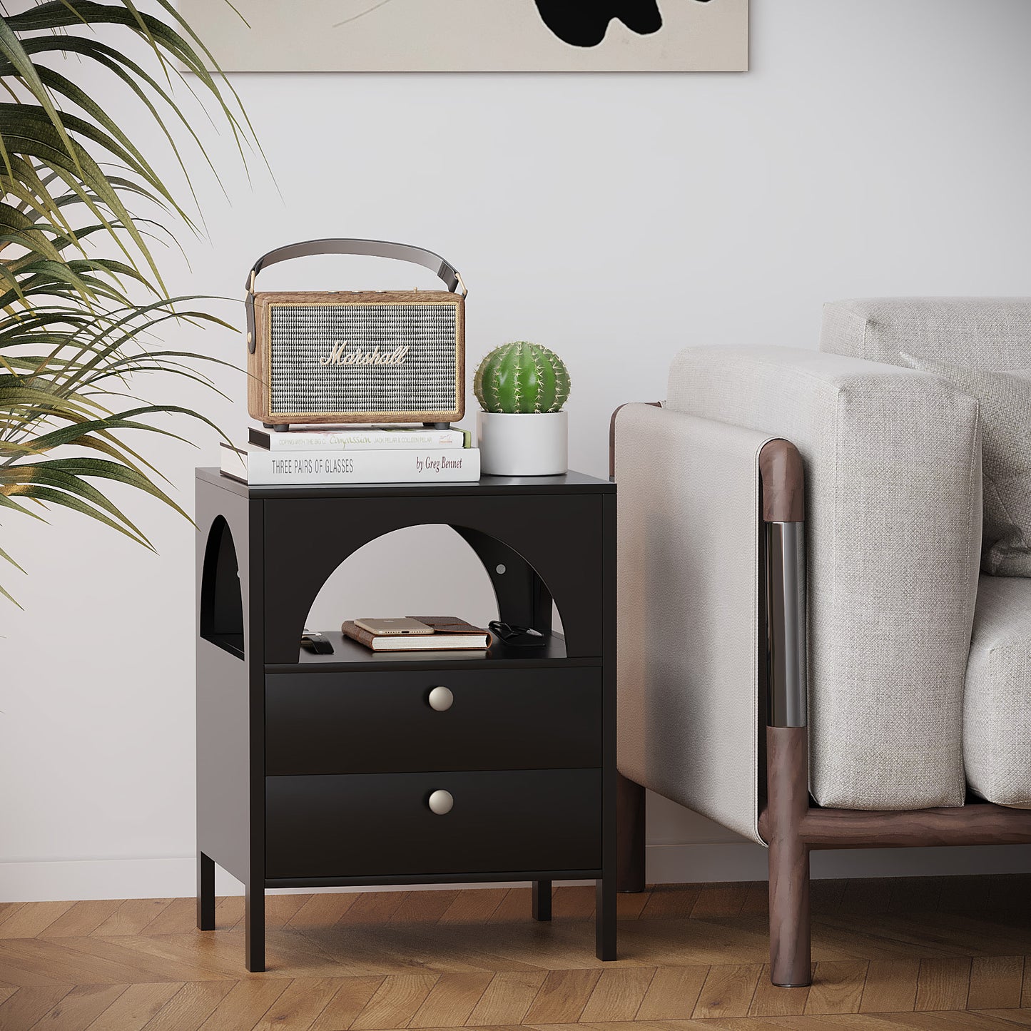Algherohein Black Modern Nightstand 2 Drawers Beside Table for Bedroom