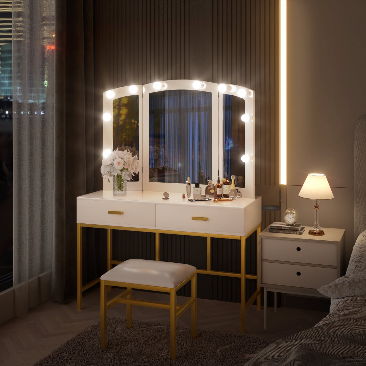 Modern White Vanity Tables Set for Bedroom with LED Lights