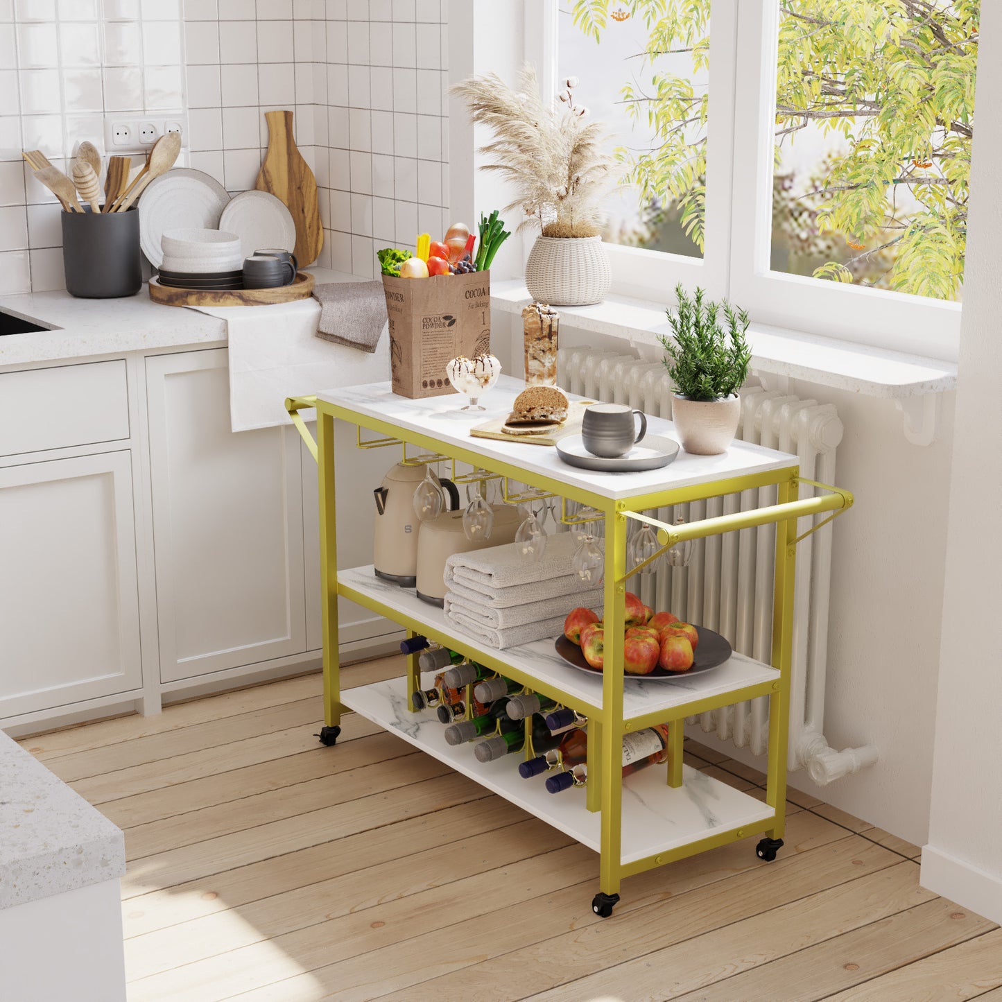Multifunctional Metal Bar Cart with 3-Tier Gold Bar Cart for Home
