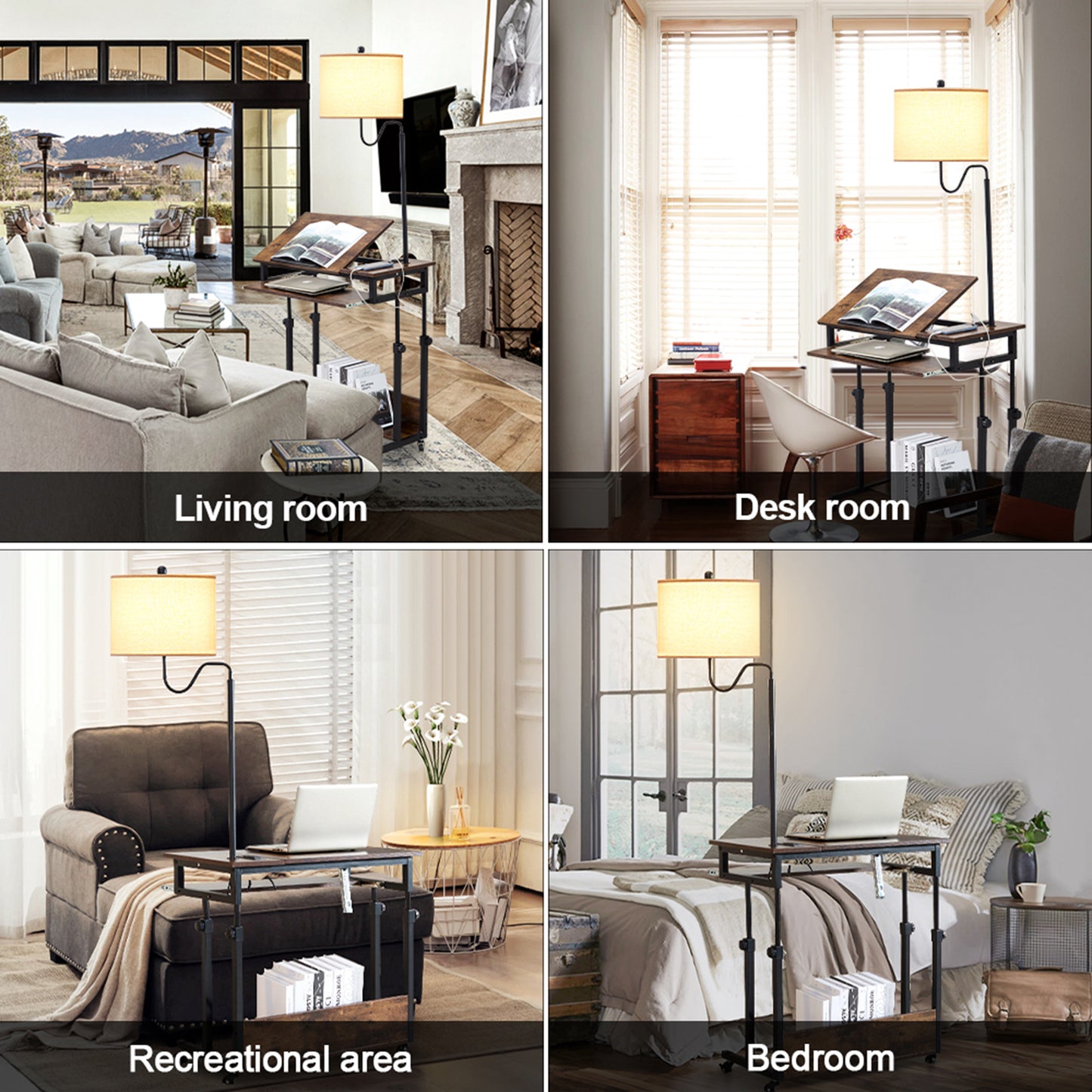 Smart FENDEE Adjustable Wood Computer Desk with Floor Lamp,Rollers,Sockets