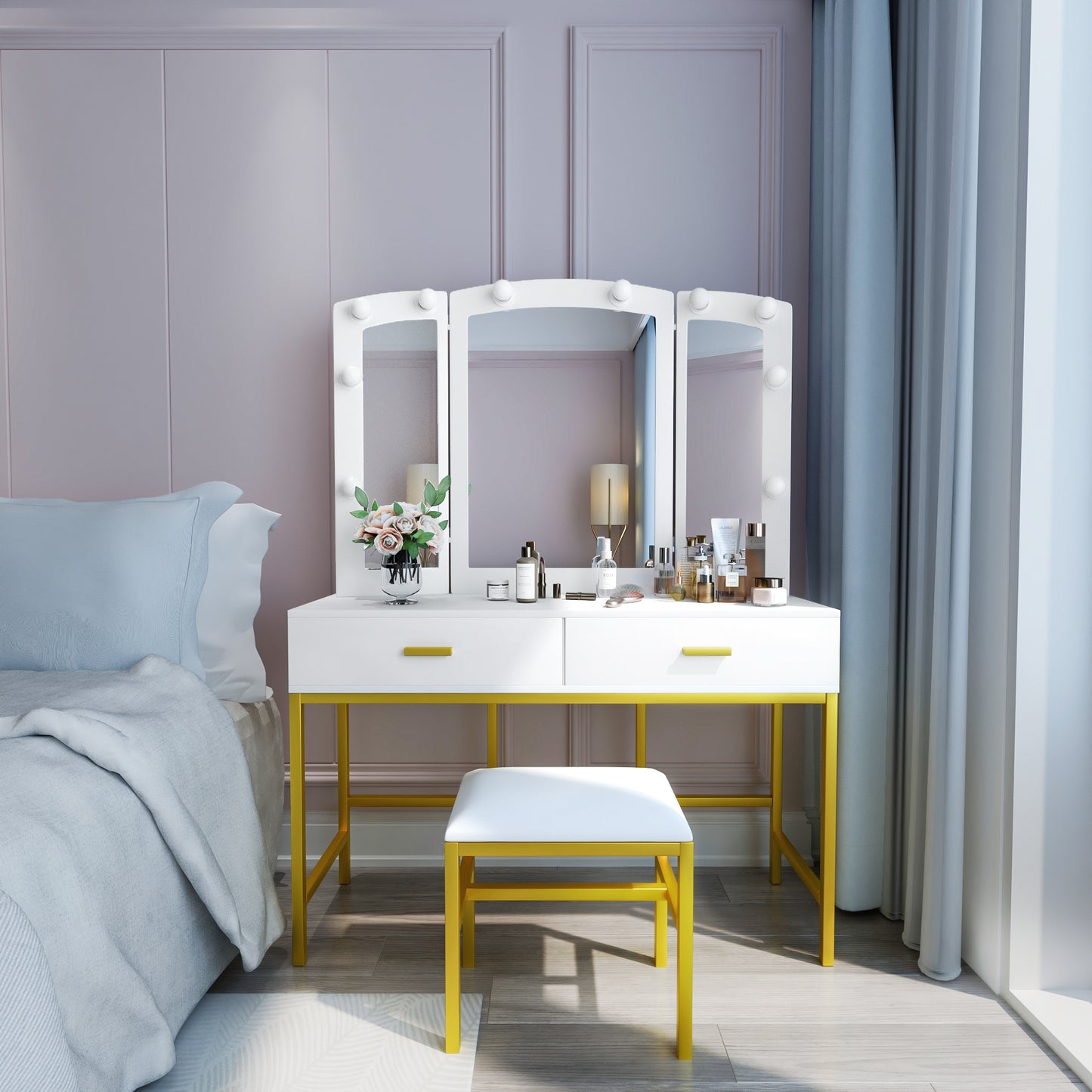 Modern White Vanity Tables Set for Bedroom with LED Lights
