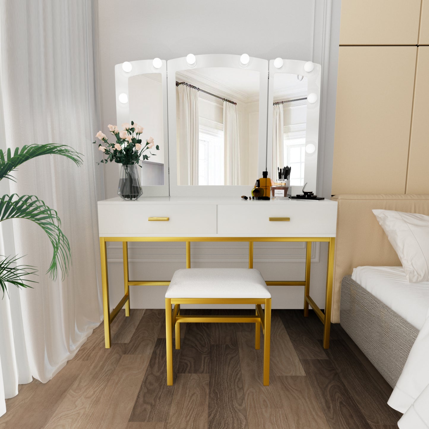 Modern White Vanity Tables Set for Bedroom with LED Lights