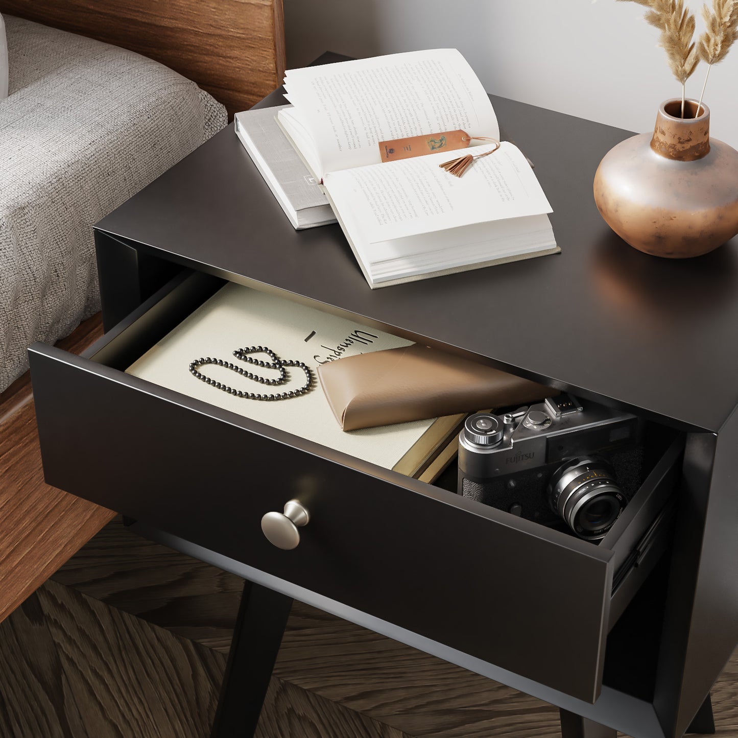 Mid Century Modern Nightstand Wood Bed Side Table for Bedroom
