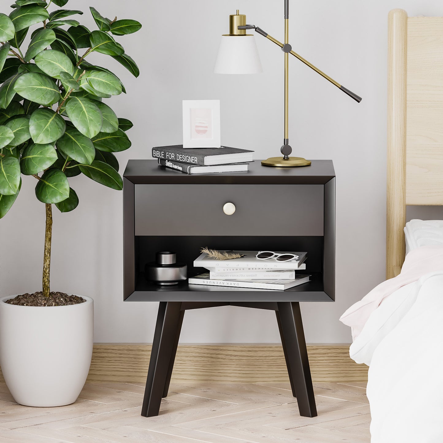 Mid Century Modern Nightstand Wood Bed Side Table for Bedroom
