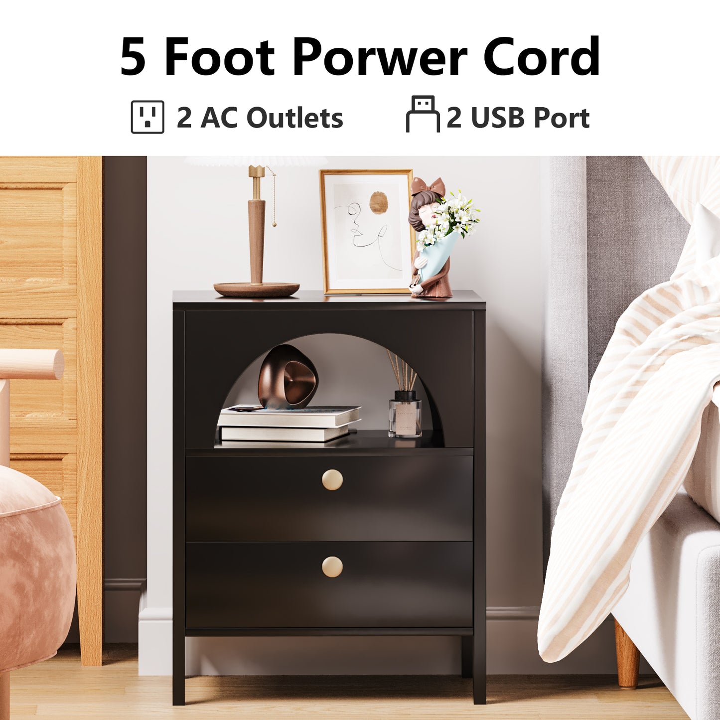 Modern End Tables with USB Ports and Outlets LED Lights Nightstand with Charging Station