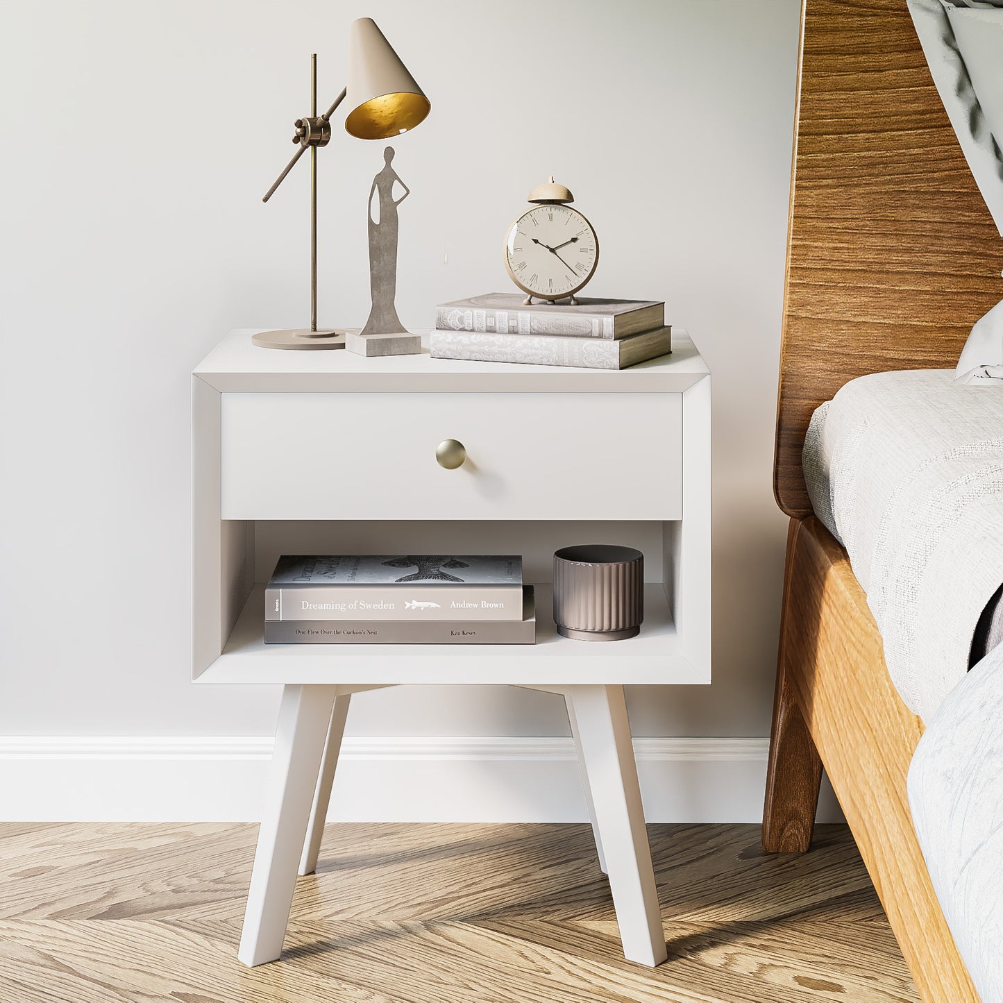 Mid Century Modern Nightstand Wood Bed Side Table for Bedroom