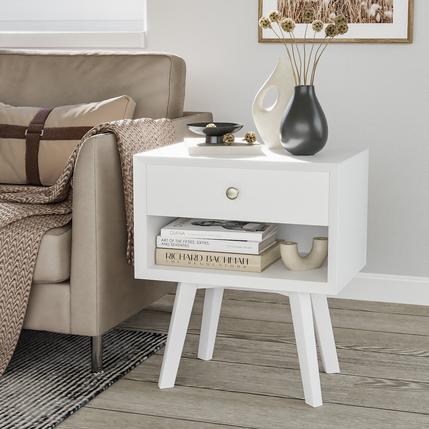 Mid Century Modern Nightstand Wood Bed Side Table for Bedroom