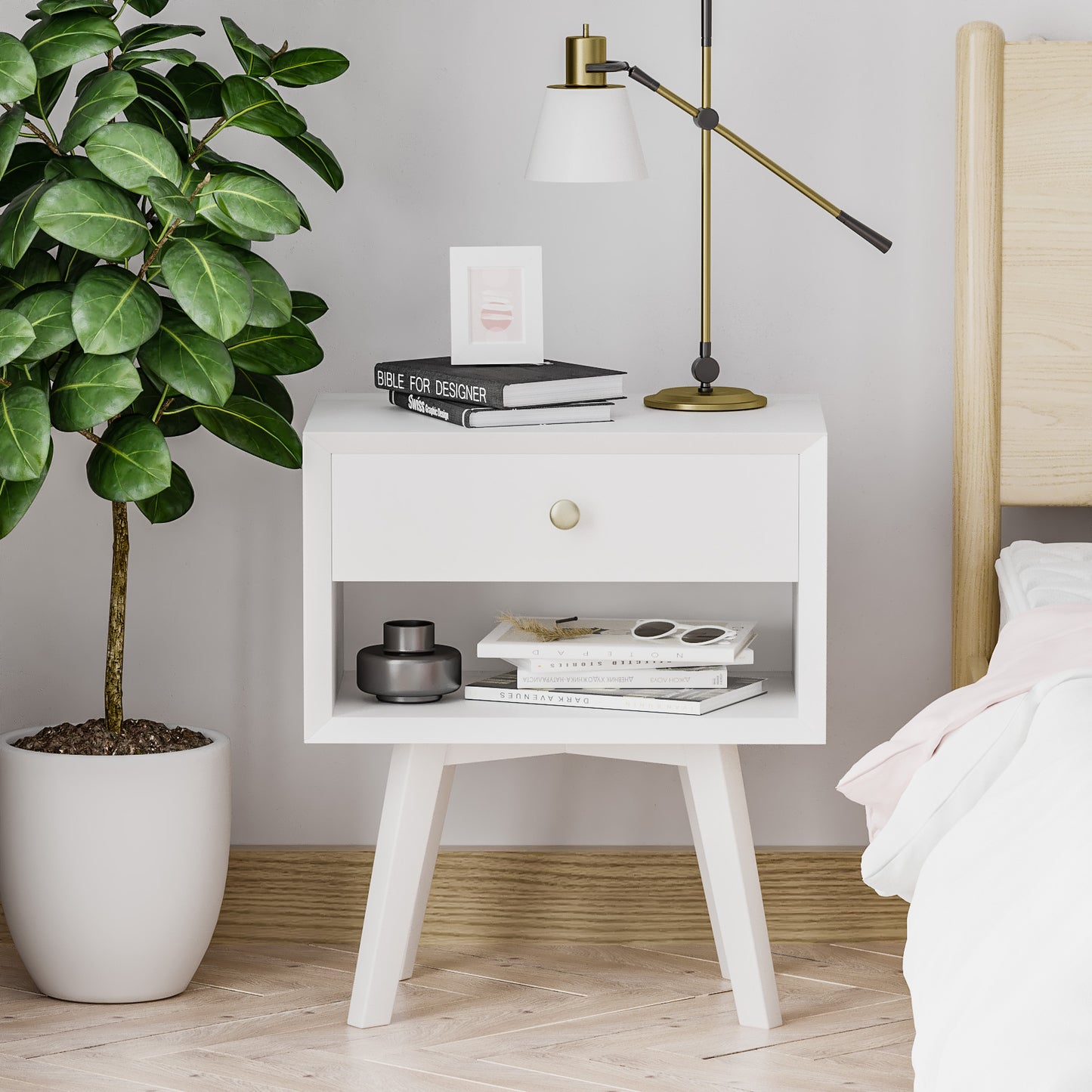 Mid Century Modern Nightstand Wood Bed Side Table for Bedroom