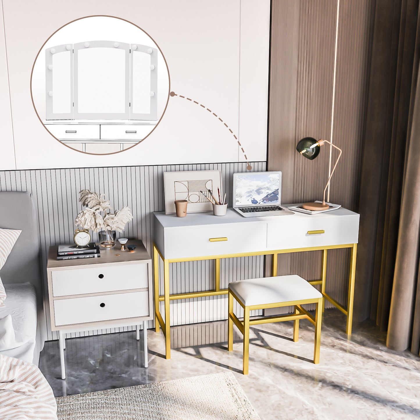 Modern White Vanity Tables Set for Bedroom with LED Lights