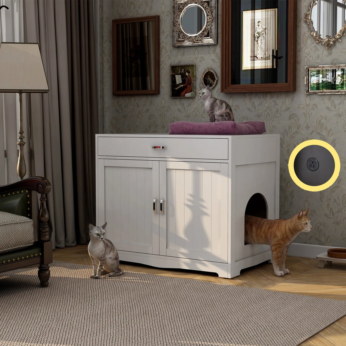 Smart FENDEE Modern Cat Litter Box with Hidden Plug, 2 Doors Wooden Pet House