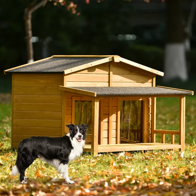 Smart FENDEE 47.2" Large Wood Dog House Pet Log Cabin Home with Porch Deck, Outdoor