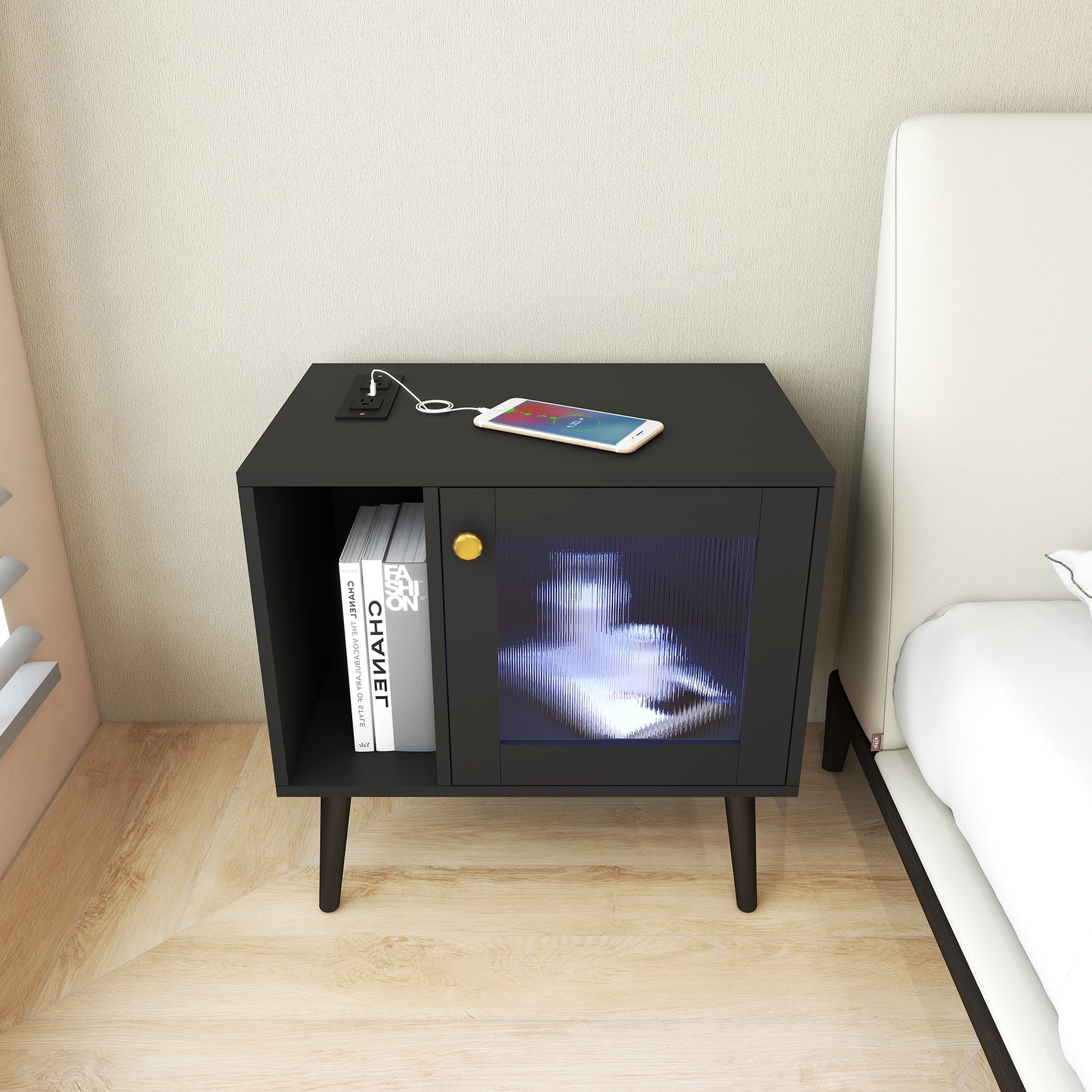Smart FENDEE Modern Nightstand with Charging Station and Glass Door, Wood Table for Bedroom in Black