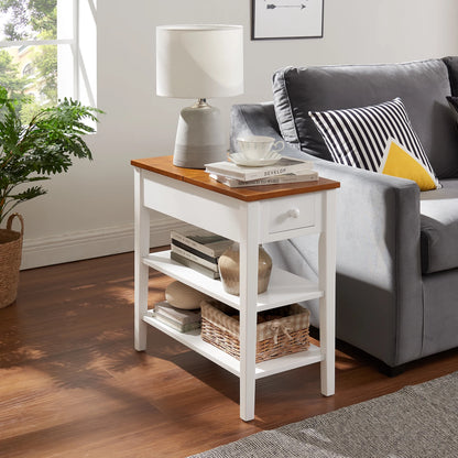 Smart FENDEE End Table with Charging Station and 1 Drawer, 2 Shelf, Solid Wood Legs, Bedroom,11.8"*24"*24.2"