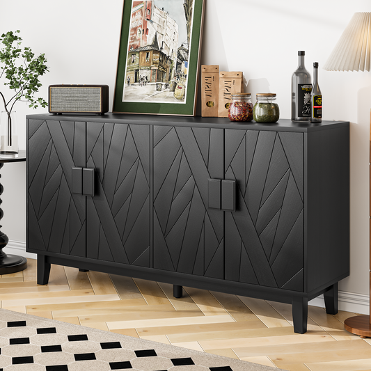 Algherohein Black Buffet Cabinet with Adjustable Shelves and 4 Doors,Kitchen Sideboards and Buffets