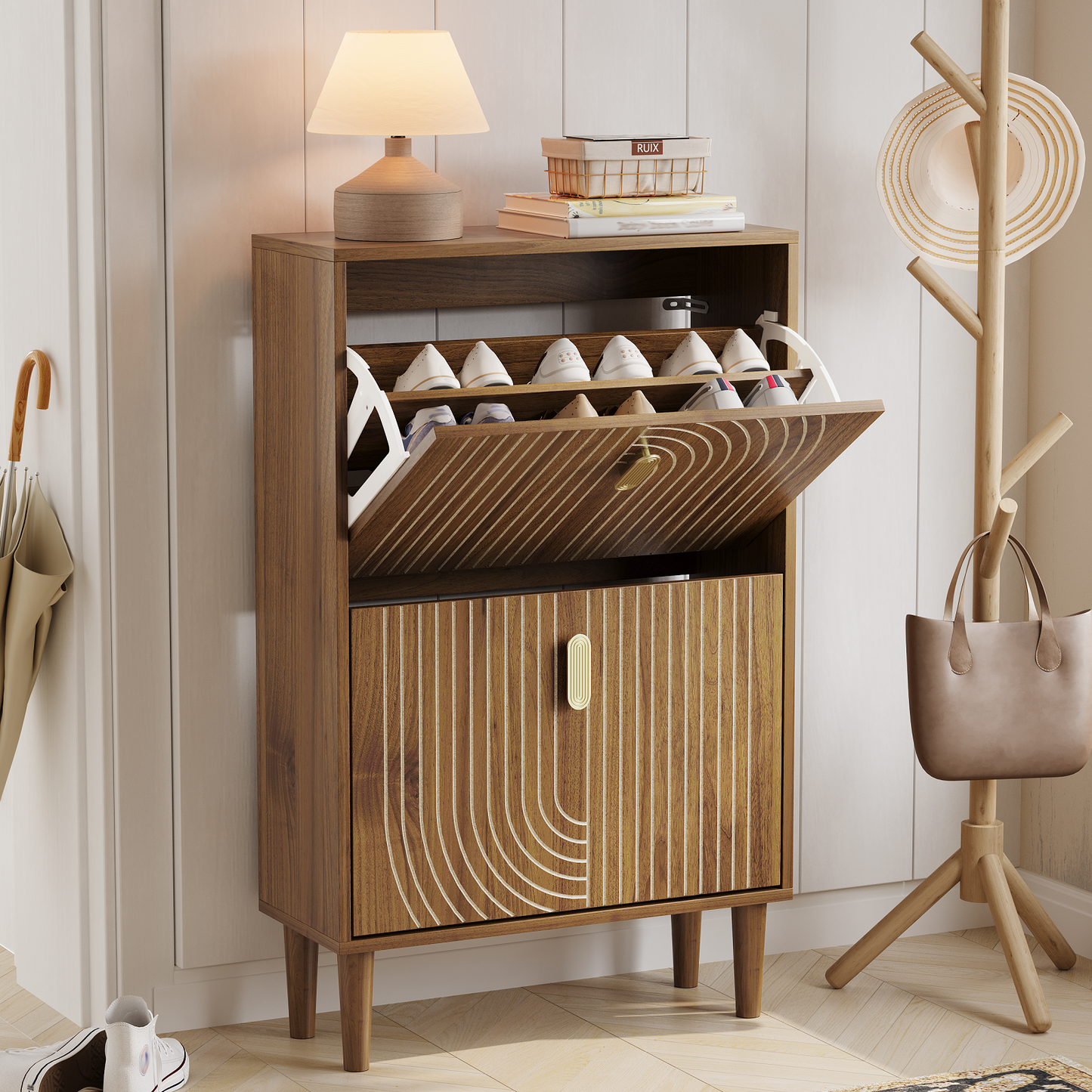 Algherohein Wood Shoe Storage Cabinet for Entryway,Shoe Rack Organizer with Flip Drawers