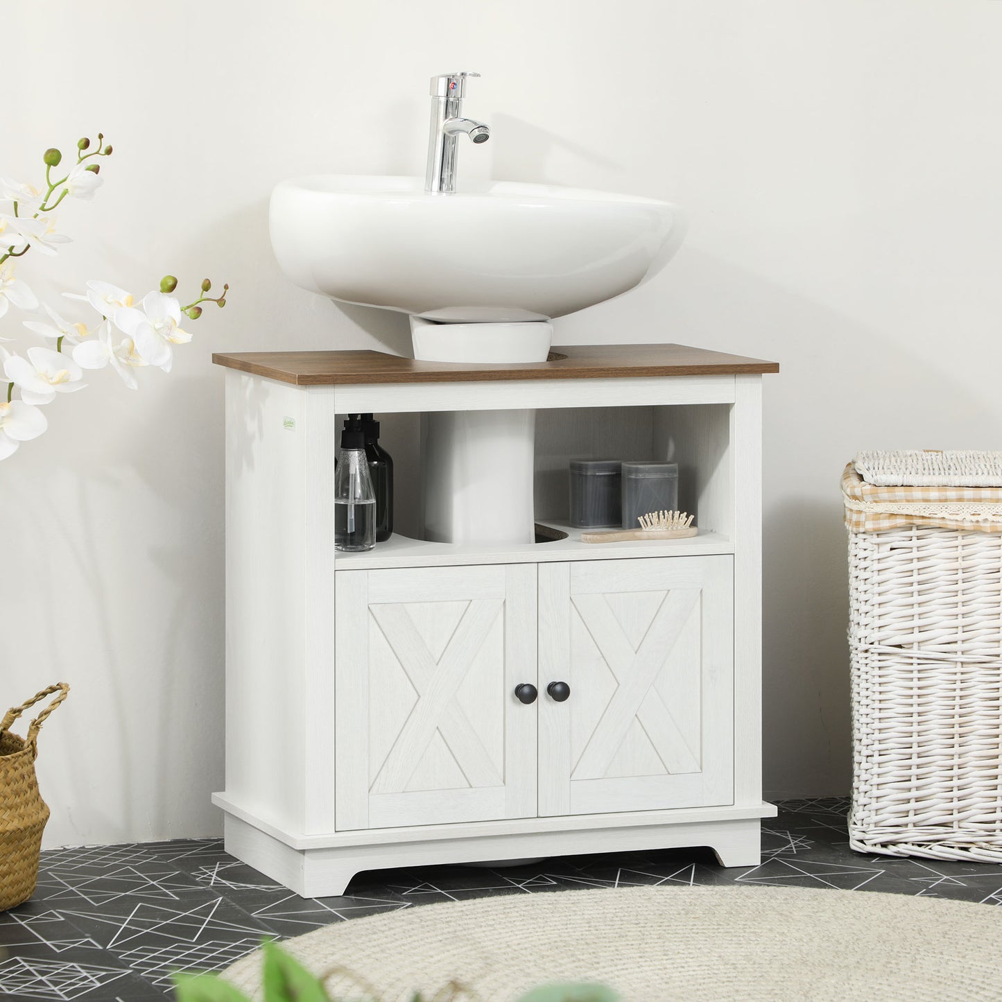 Smuxee Farmhouse Bathroom Vanity with Sink,Bathroom Storage Cabinet with Doors and Shelves,White