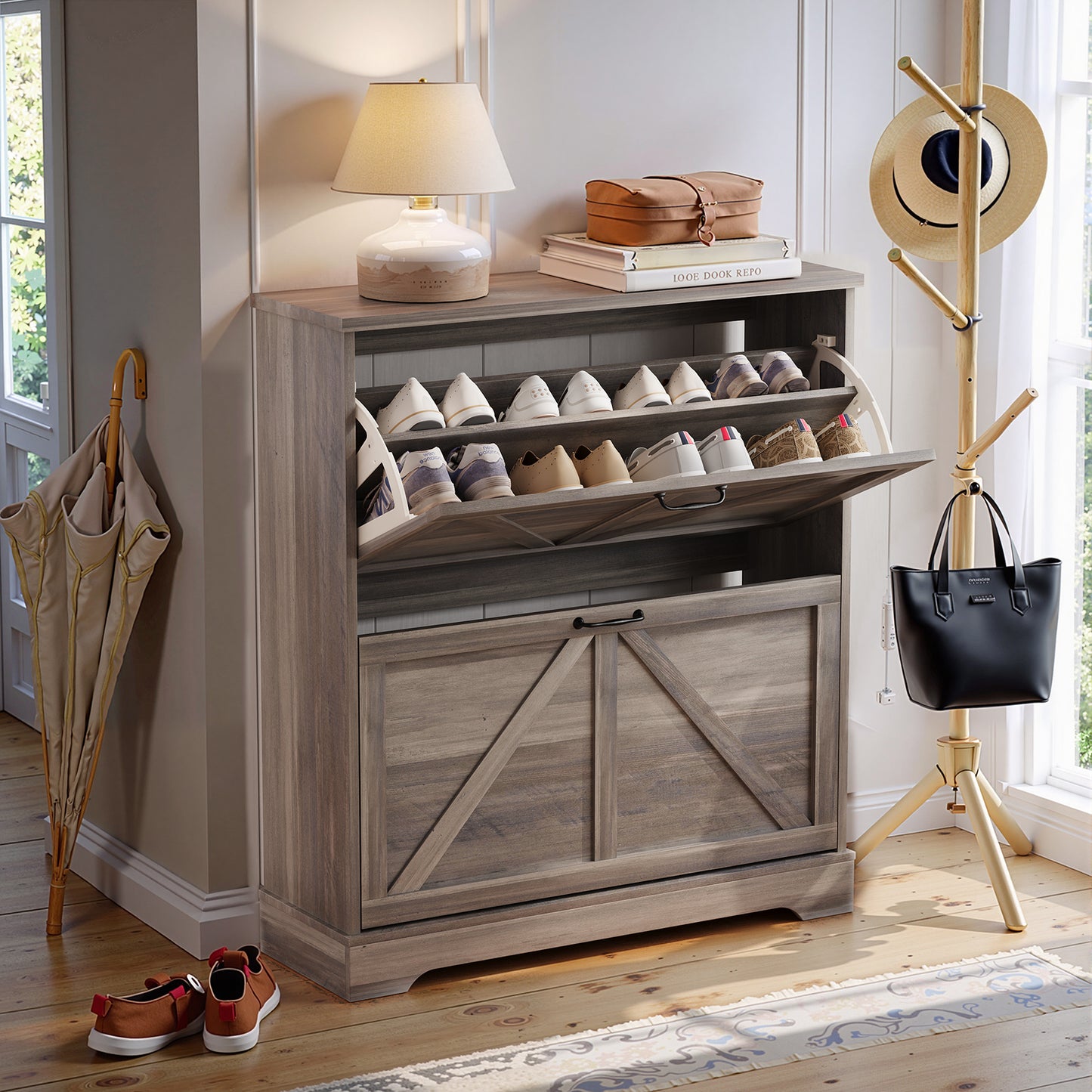 Algherohein Farmhouse Shoe Cabinet Entryway,Shoe Storage Cabinet with 2 Flip Drawers