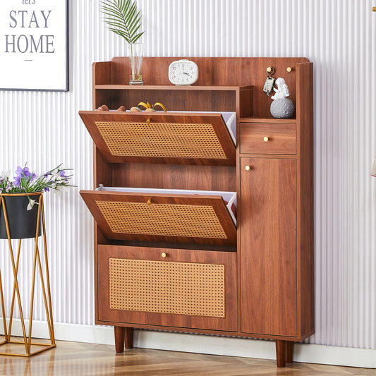 Smart FENDEE Modern Shoes Cabinet with 2 Rattan Flip Drawers for Entryway