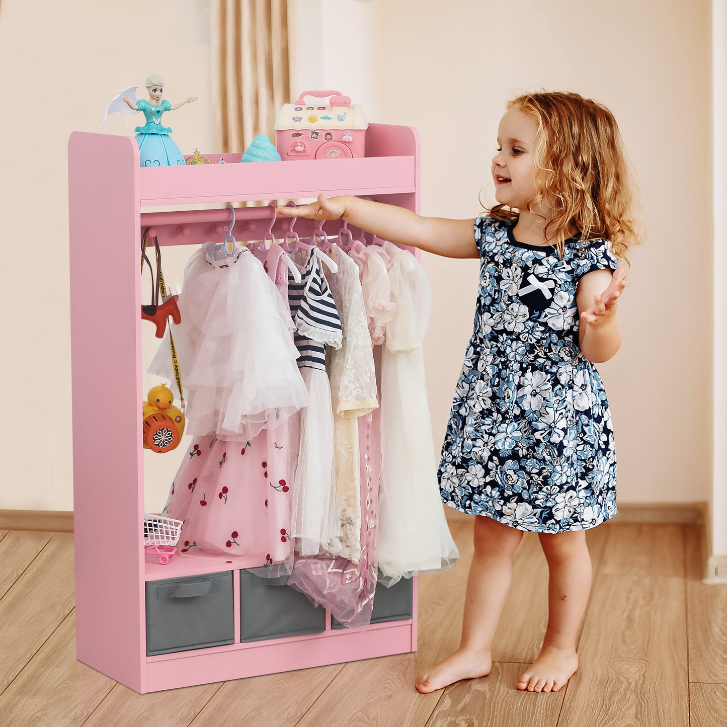 Smuxee Wood Kids Closet Clothes Organizer with Mirror,Kids Toys Organizer Bookshelf for Girl