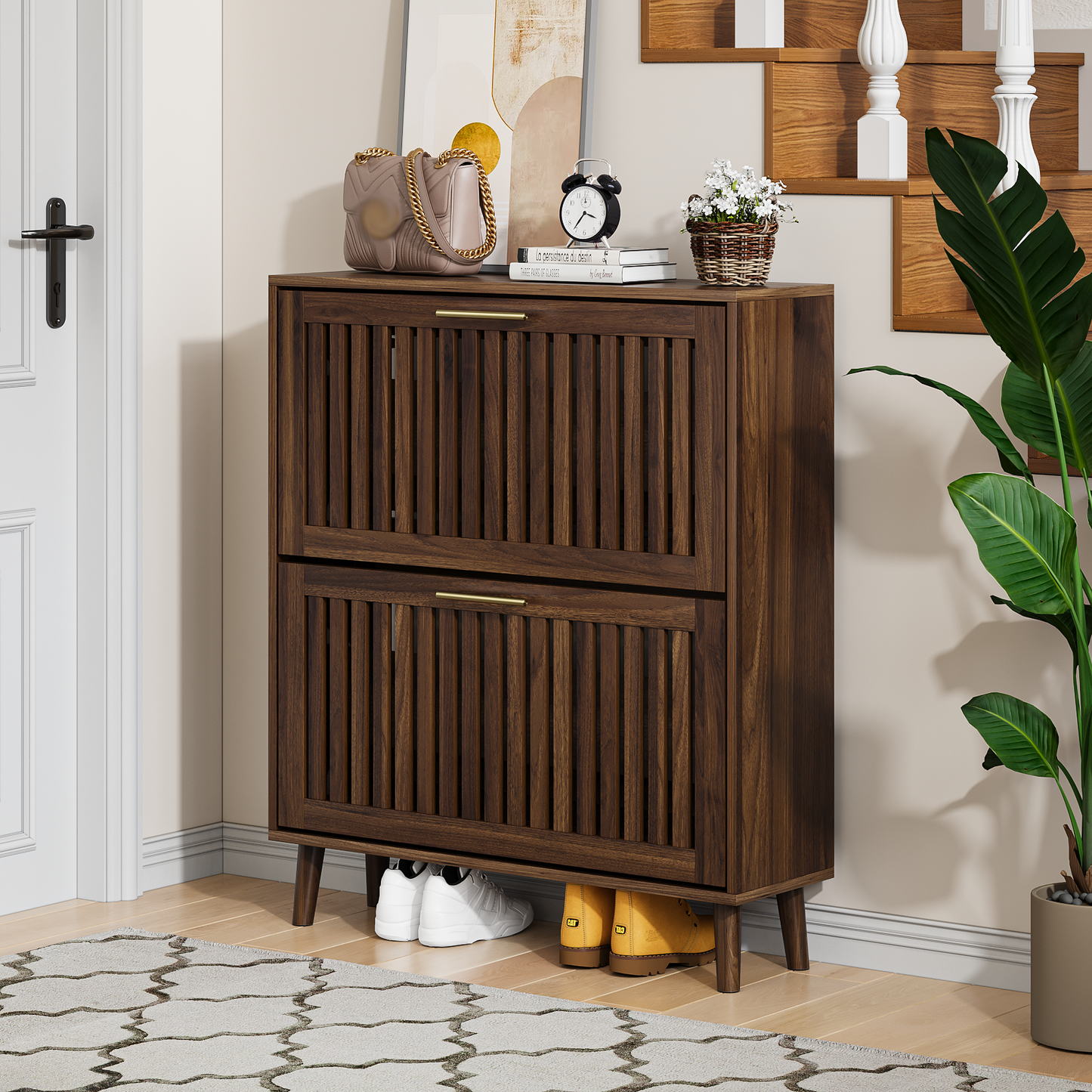 Smuxee Modern Shoe Cabinet with Closet Storage Flip Drawers,Shoe Storage Cabinet for Entryway,Walnut